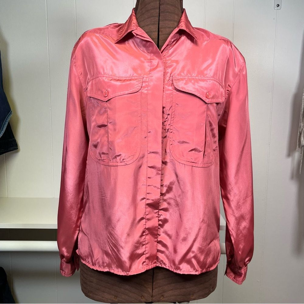 Vintage 80's 90's Avon Fashion Bubblegum Pink Button Front Top Roll-Tab Sleeve